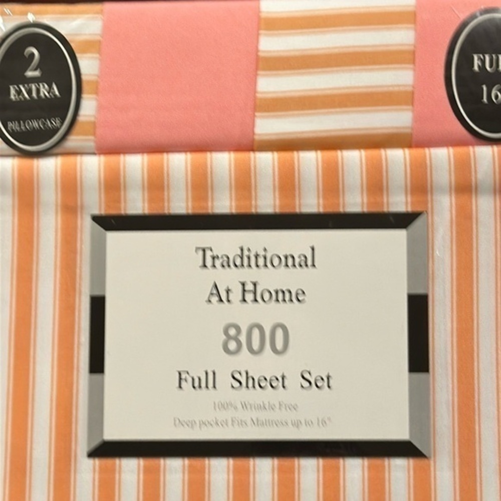 Traditional At Home 6pc Full Sheet Set peach -pink with white stripes